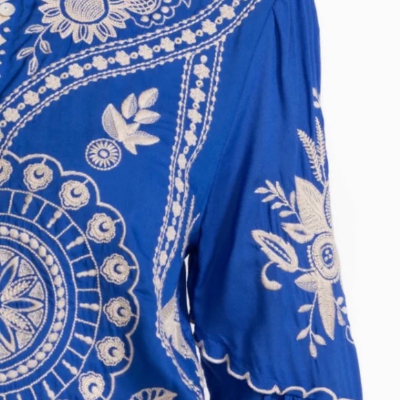 Johnny Was Brynlee Scallop Sleeve Embroidered Blue Women's Blouse - Picture 5 of 10